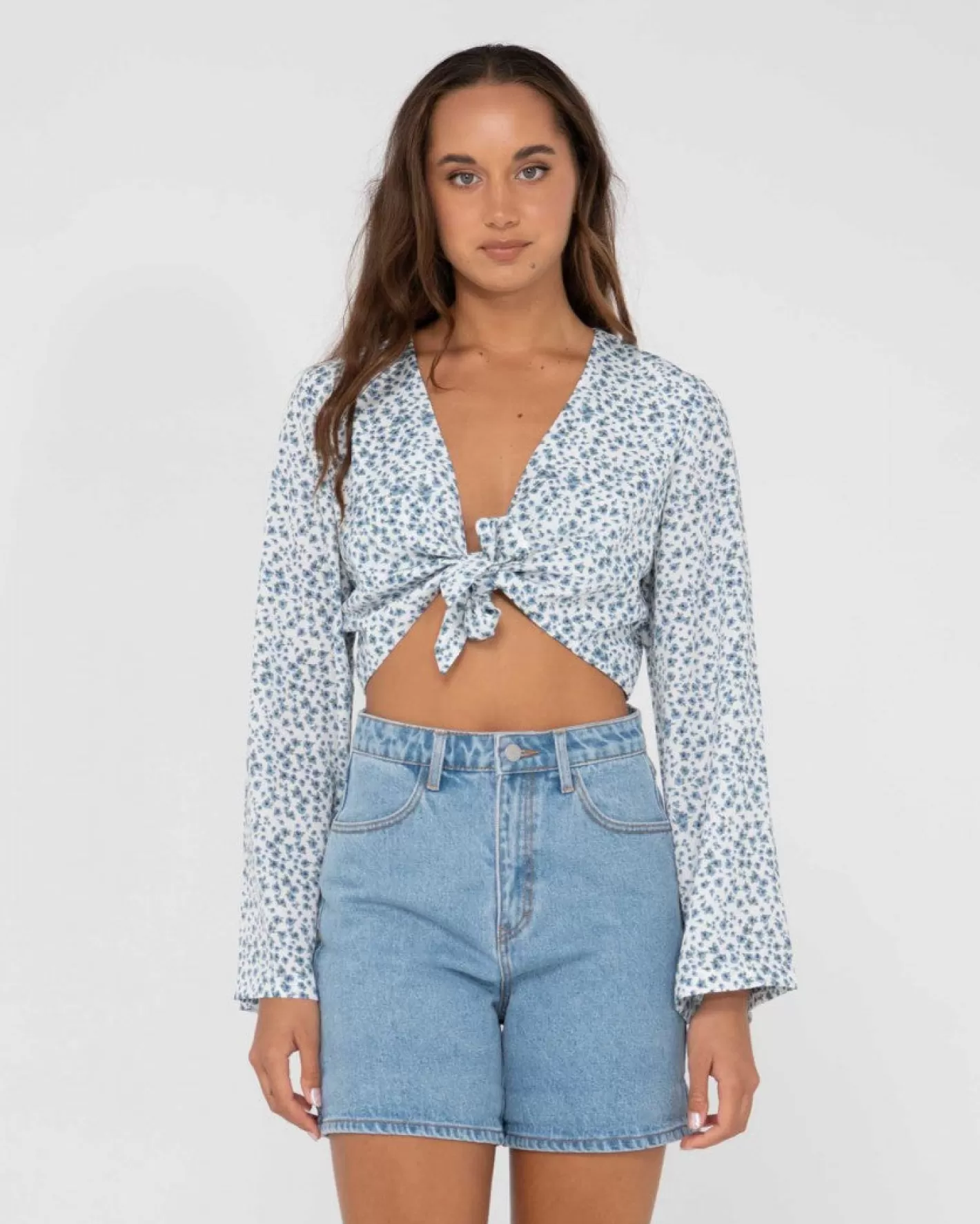 Mujer Rusty Camisa Corta Con Estampado Floral Y Lazo En La Parte Delantera De Balnear