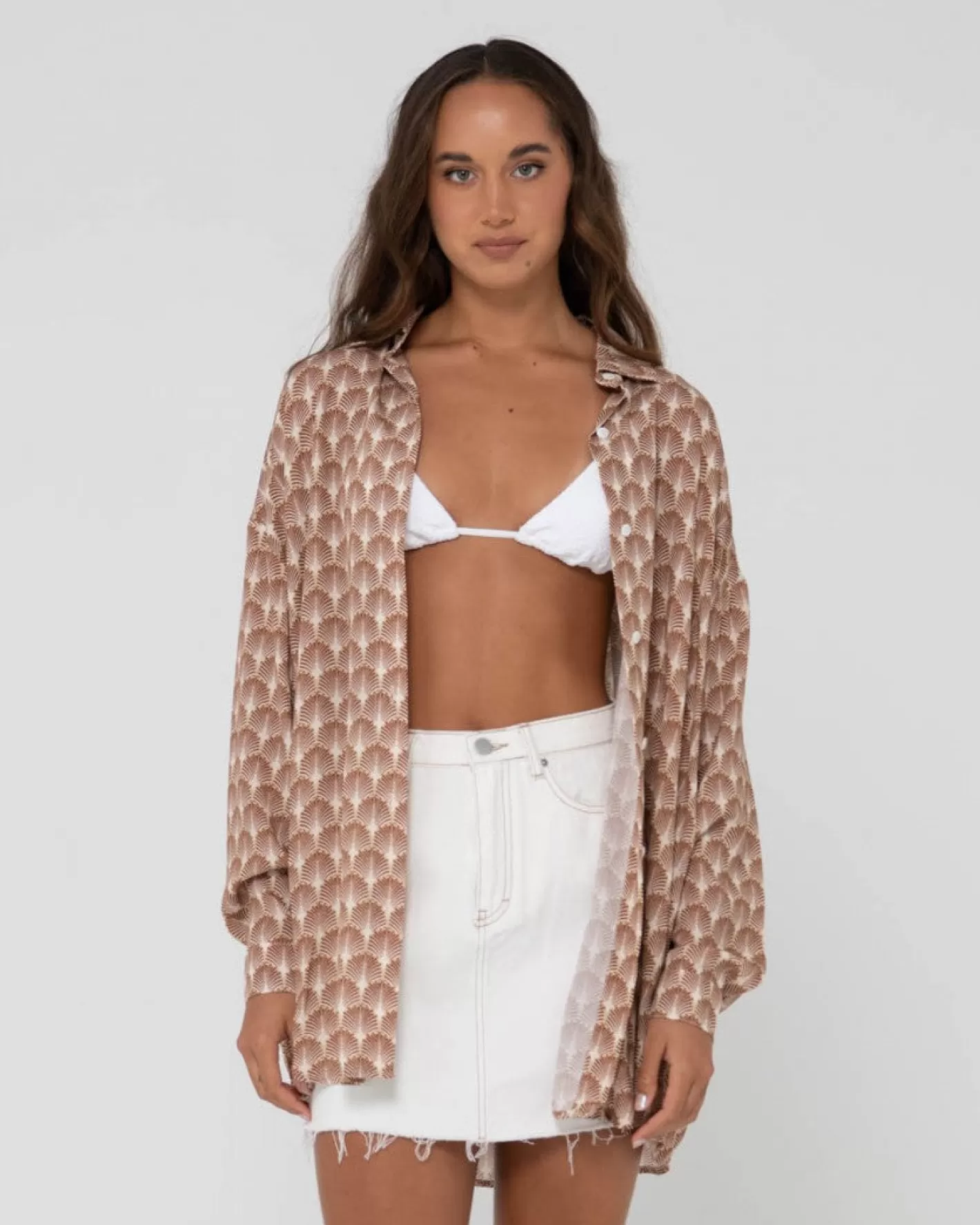 Mujer Rusty Camisa Oversize De Manga Larga Con Estampado Panama