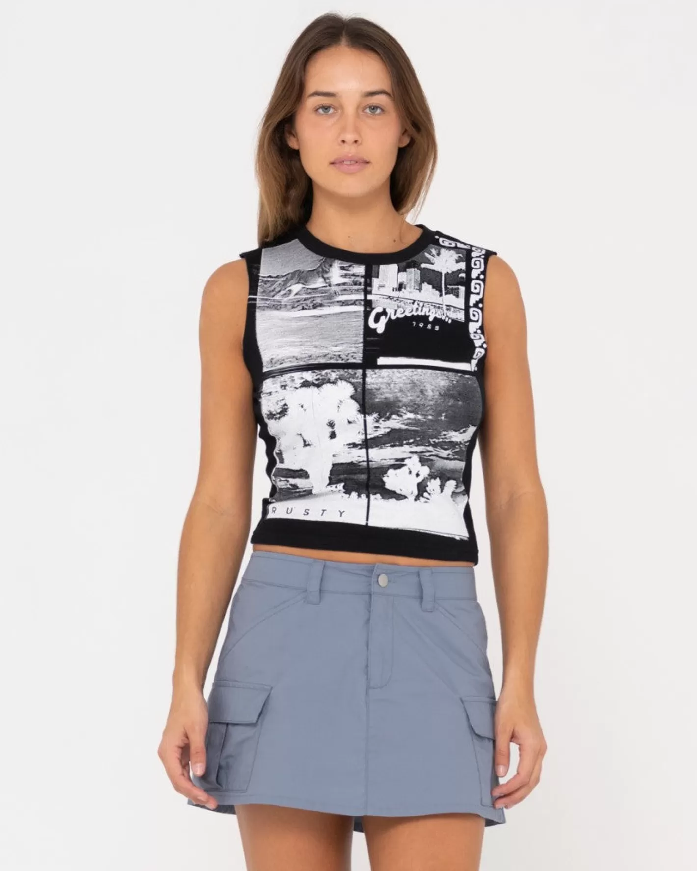Mujer Rusty Camiseta Sin Mangas De Corte Slim Con Grafico Greetings
