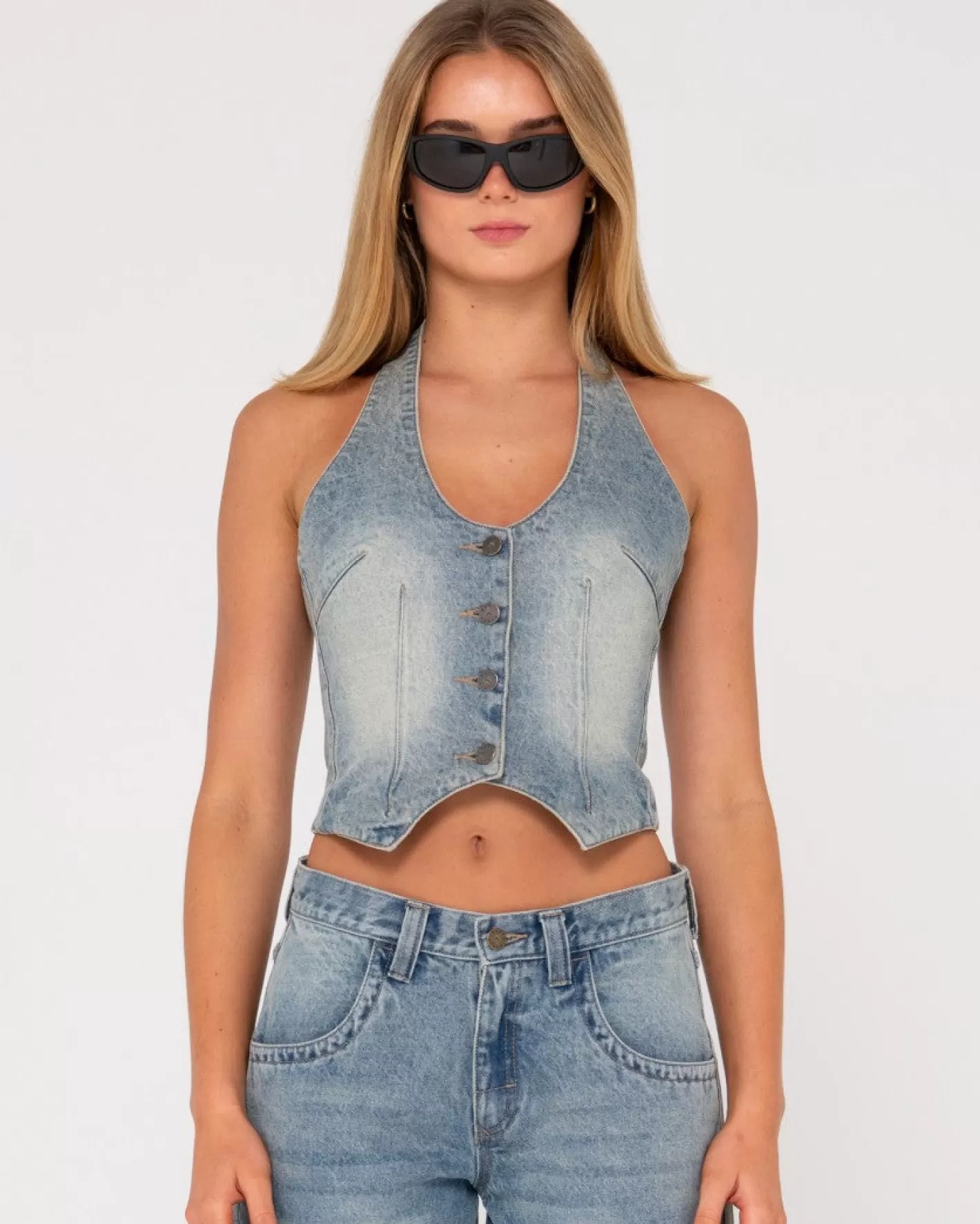 Mujer Rusty Chaleco Vaquero Con Cuello Halter Flip Mommy