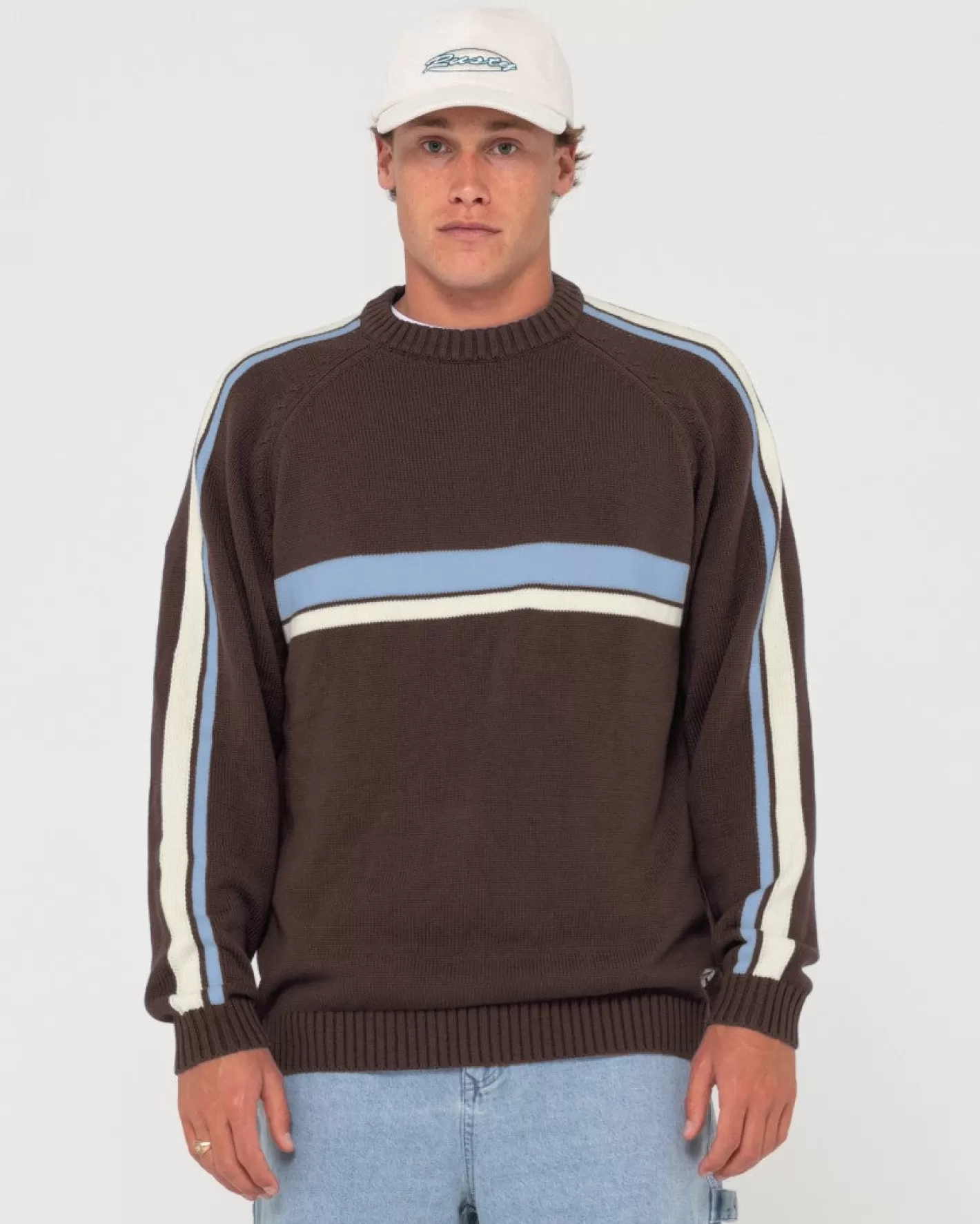 Hombre Rusty Jersey De Punto Con Cuello Redondo Y Lineas Blancas