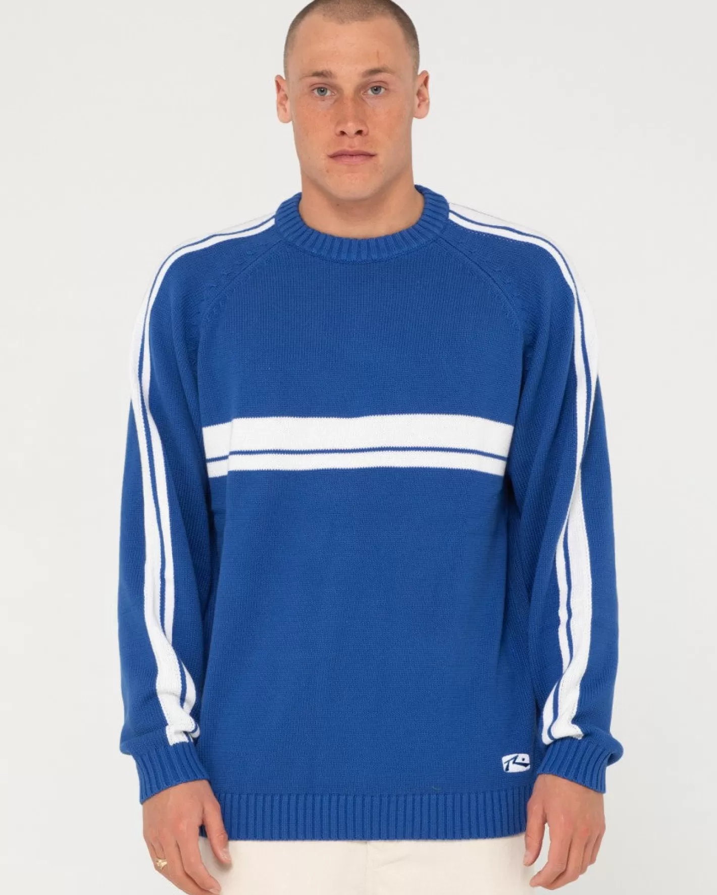 Hombre Rusty Jersey De Punto Con Cuello Redondo Y Lineas Blancas