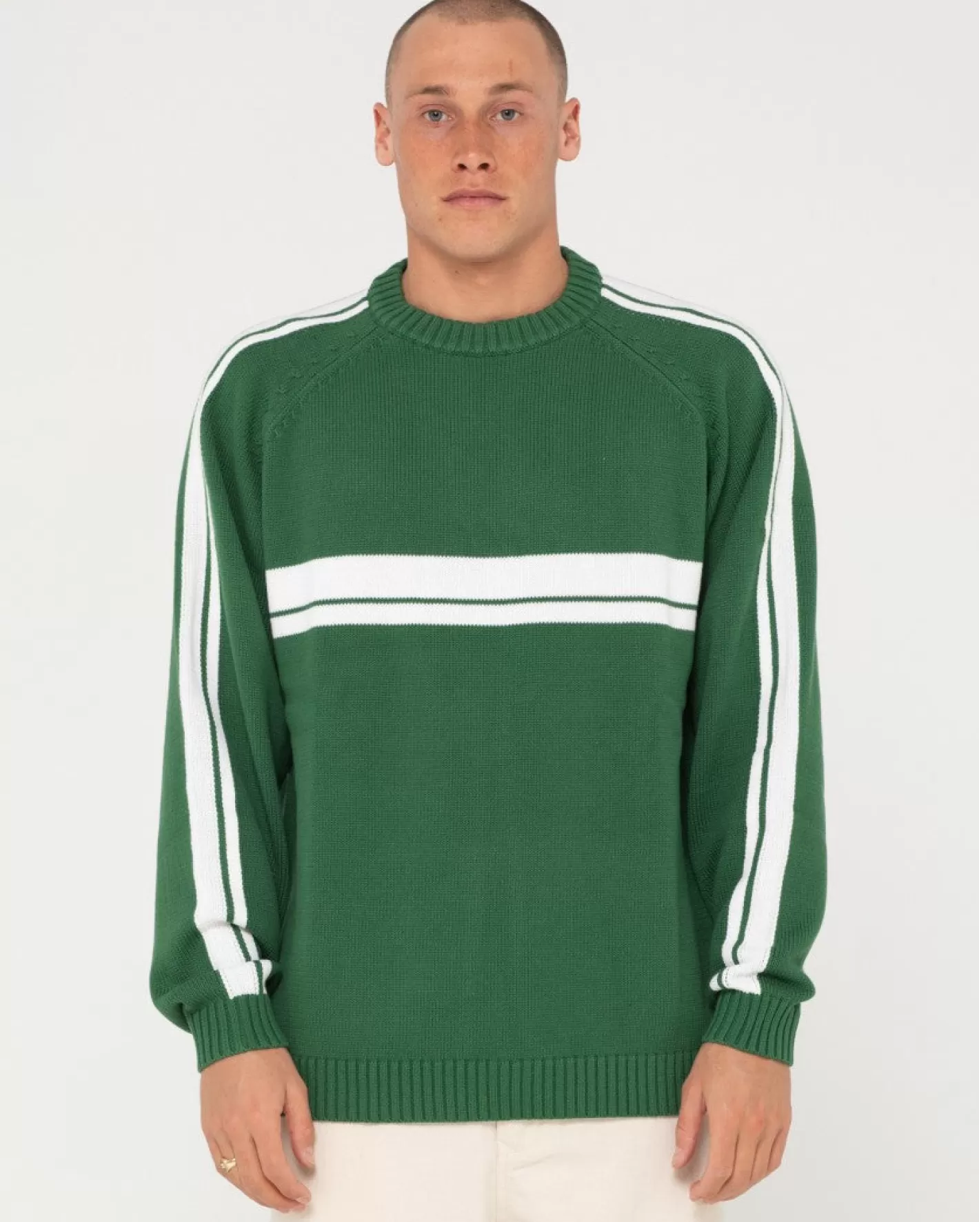 Hombre Rusty Jersey De Punto Con Cuello Redondo Y Lineas Blancas