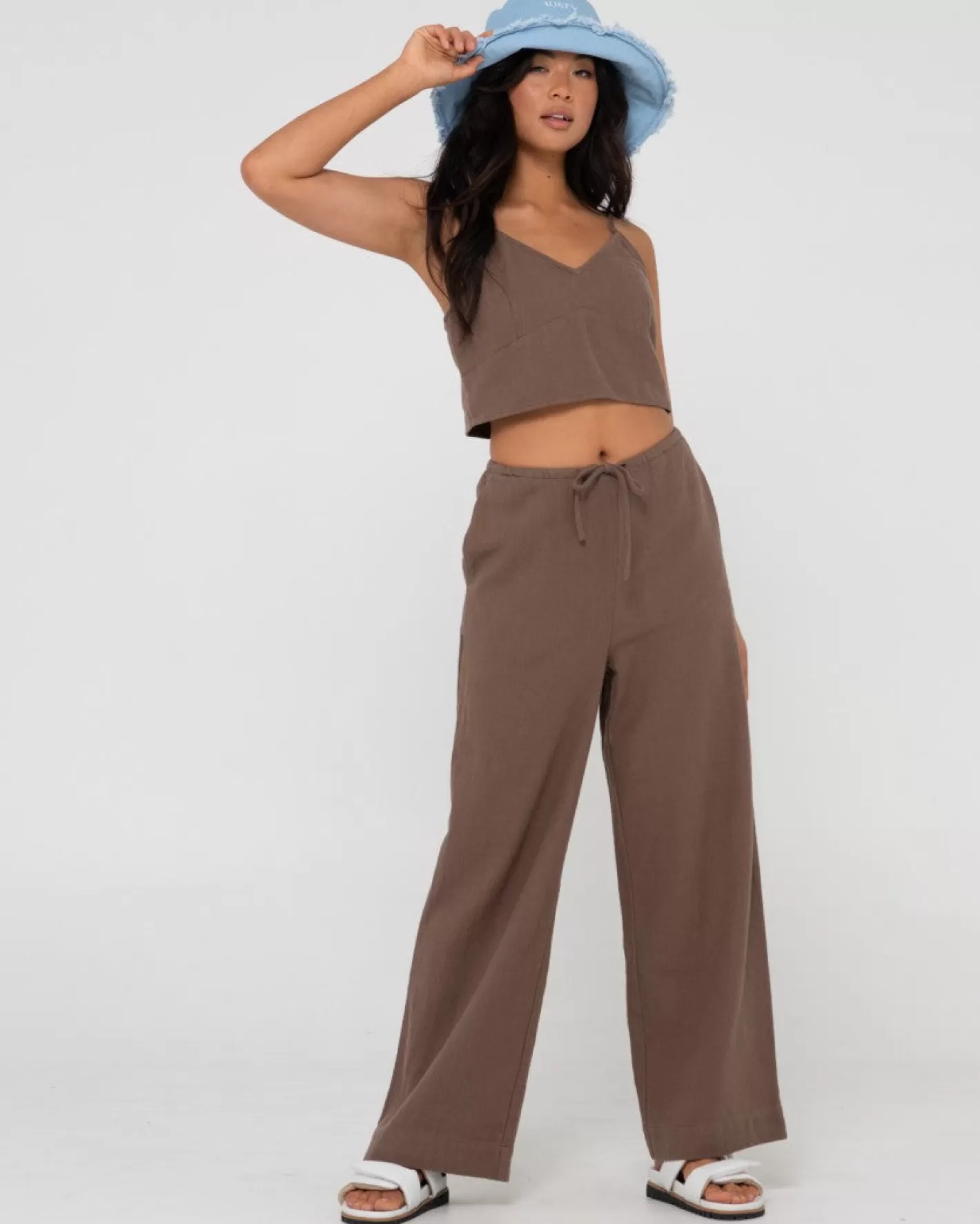 Mujer Rusty Pantalon De Lino De Corte Relajado Y Talle Alto Carolina