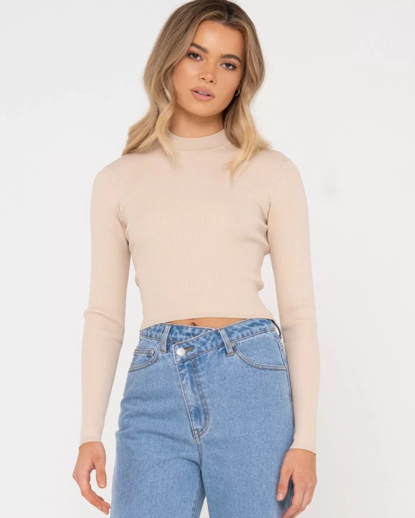 Mujer Rusty Top De Punto De Manga Larga Con Cuello Simulado Charis