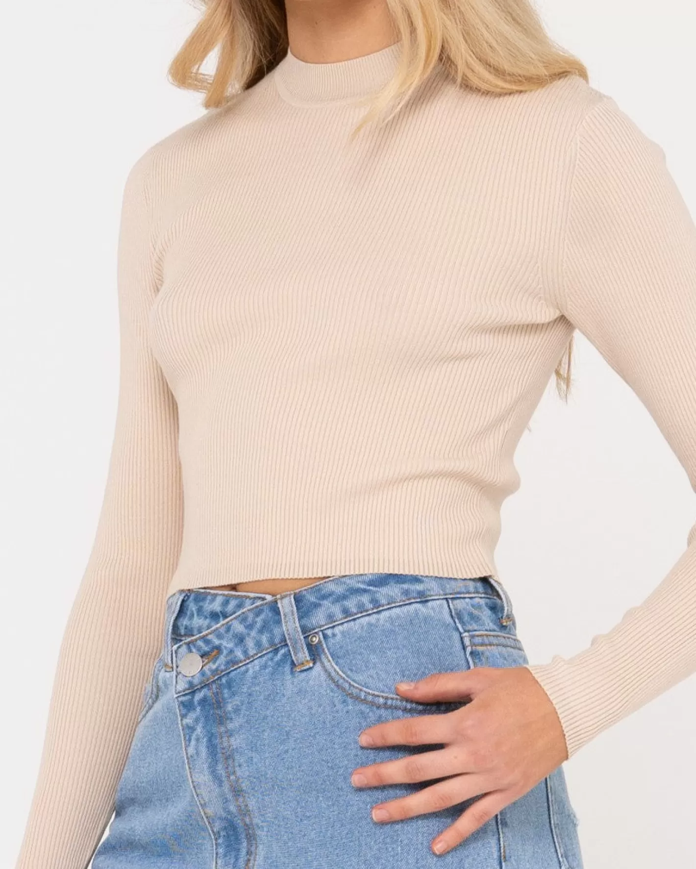 Mujer Rusty Top De Punto De Manga Larga Con Cuello Simulado Charis